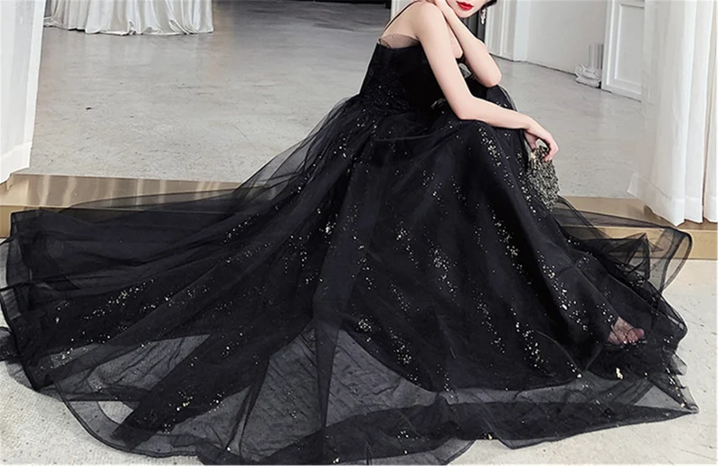 Black Glitter Tulle Prom Dress, Black Slip Evening Prom Dress nv1051