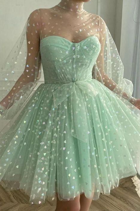 A-Line Tulle Long Sleeves Mint Green prom Dress Homecoming Dress Sweet 16 Dresses nv14