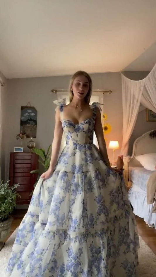 Beautiful Floral Print Chiffon Long Prom Dresses Evening Dress nv37