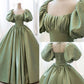 Green Sweet Elegant A-line Long Satin Short Sleeves Prom Dress Evening Dress Birthday Dress Graduation Dress nv74