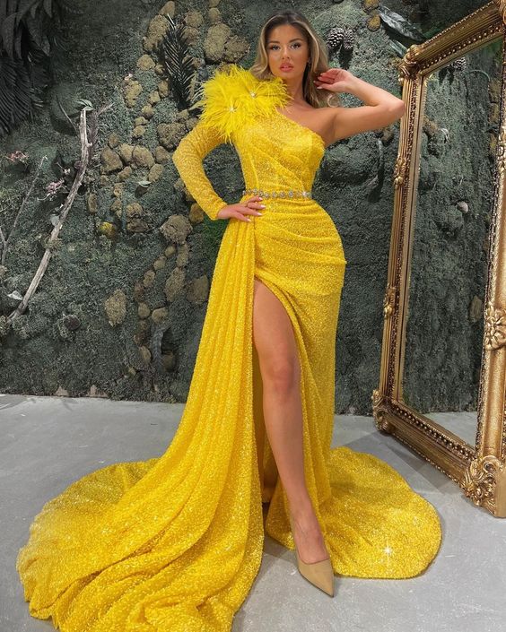 Yellow Prom Dresses Long Sleeves For Special Occasions evening dress nv124