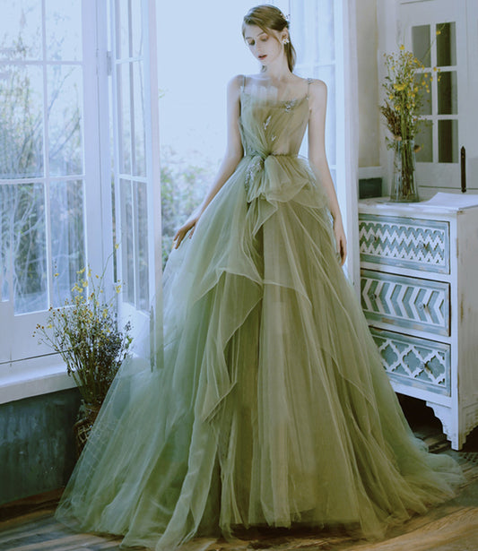 Green tulle long prom dress green evening dress nv77