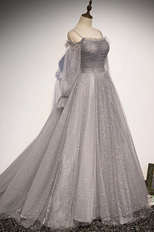 Long Sleeves Grey Formal Dress Prom Dress Formal Dress Evening Dress nv86