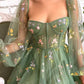 Green elegant applique floral midi tulle ball gown evening dress nv76