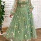 Green elegant applique floral midi tulle ball gown evening dress nv76