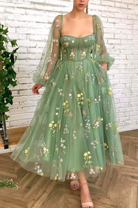 Green elegant applique floral midi tulle ball gown evening dress nv76