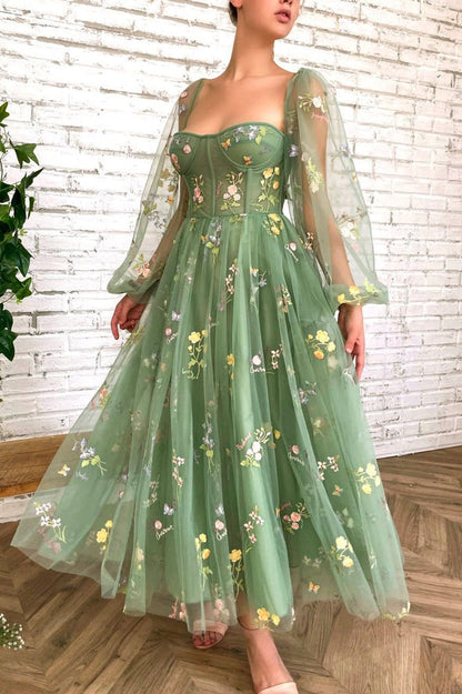 Green elegant applique floral midi tulle ball gown evening dress nv76